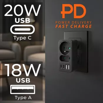 Strāvas sadalītājs MACLEAN MCE249 F/B — 2 maiņstrāvas ligzdas (16A + 6A) ar 2×USB-A un 2×USB-C PD 20W, ES spraudnis, melns