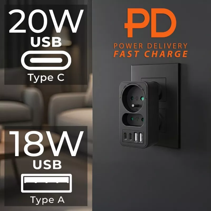 Strāvas sadalītājs MACLEAN MCE249 F/B — 2 maiņstrāvas ligzdas (16A + 6A) ar 2×USB-A un 2×USB-C PD 20W, ES spraudnis, melns