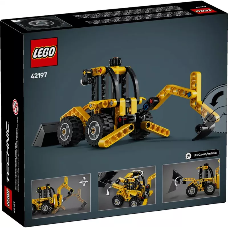 Konstrukciju komplekts LEGO Technic Backhoe Loader 42197 — šarnīrveida stūre, strādājošs iekrāvējs, 104 gab., ieteicamais vecums 7+