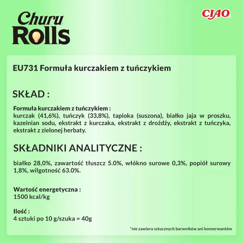 INABA Churu Rolls ar vistas garšu, ietīts tunča garšā - kaķu kārums - 4 x 10 g