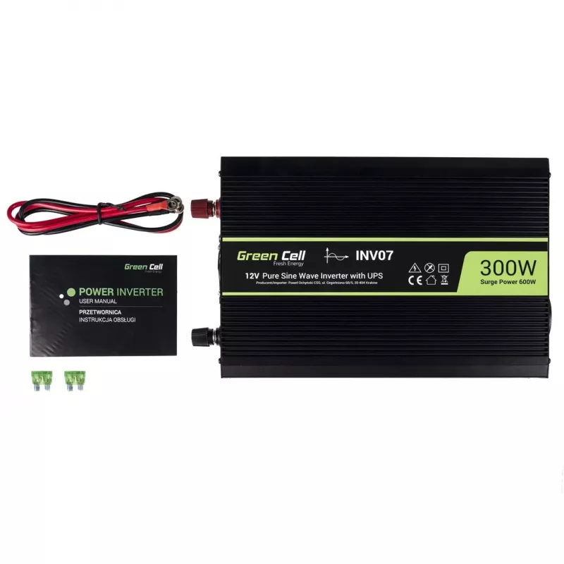 Strāvas pārveidotājs zaļa Cell INV07, līdzstrāva 12 V uz maiņstrāvu 230 V, 300 W, 50 Hz, C tipa kontaktdakša, melns