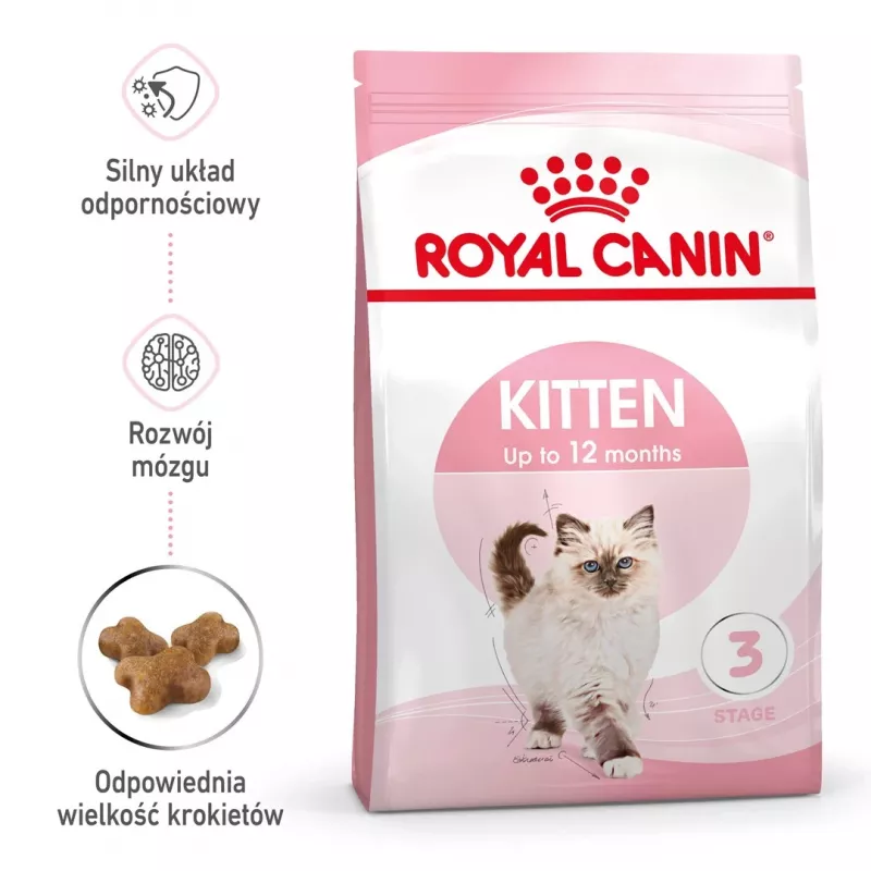 Royal Canin Kitten sausā kaķu barība 2 kg — mājputnu (vistas) formula, olbaltumvielas 36%, tauki 18%
