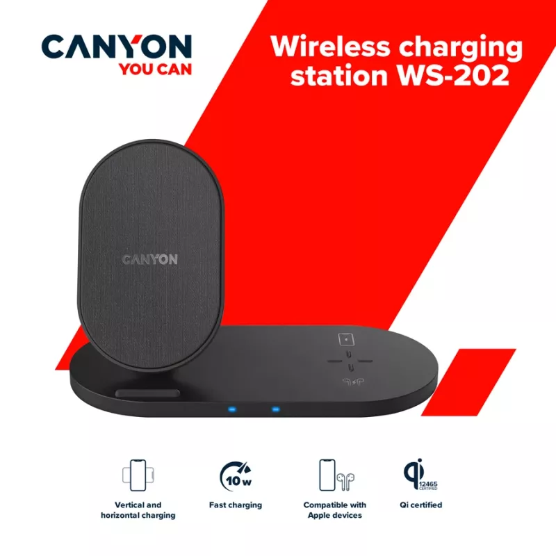 Bezvadu lādētāja dokstacija 2in1 QI 10W/USB-C/LED melna