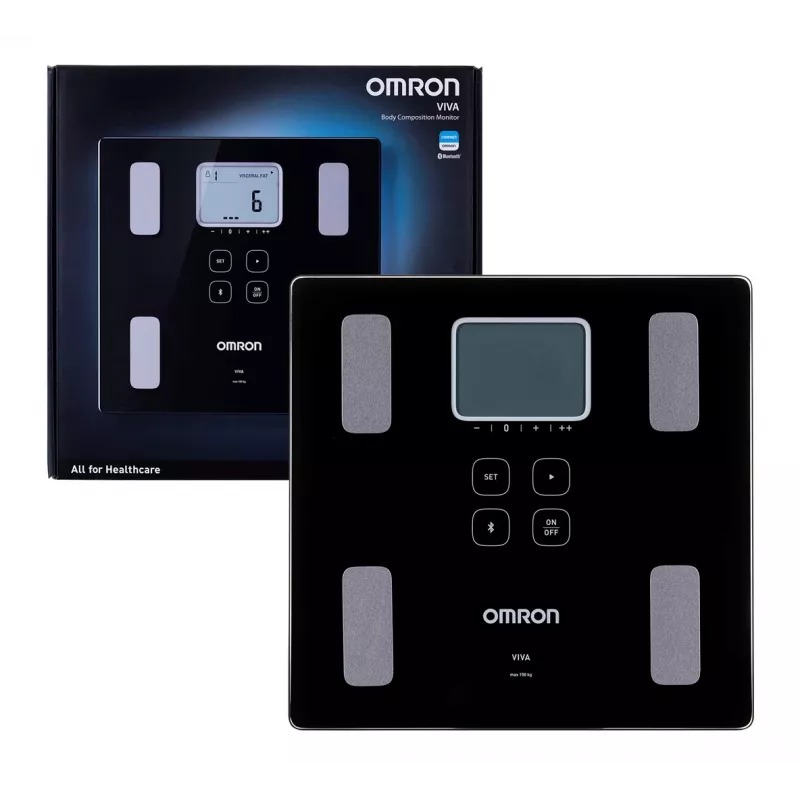 Omron VIVA elektroniskā personālie svari — kvadrātveida, melnā krāsā, maks. 150 kg, 100 g precizitāte, ķermeņa tauku/ĶMI/BMR mērīšana, 30 lietotāju atmiņa
