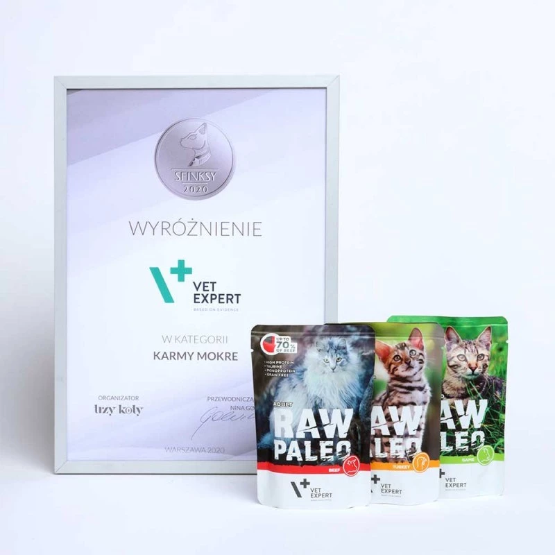 Mitrā kaķu barība VETEXPERT RAW PALEO Adult Sterilised Beef 100 g paciņa, monoproteīna, 78% mitrums