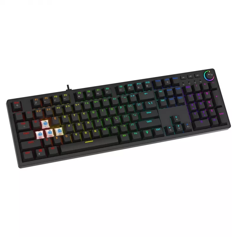 Mehāniskā spēļu klaviatūra SAVIO STYX Outemu Blue Hot-Swap RGB USB QWERTY US International melna 104 taustiņu pilnizmēra
