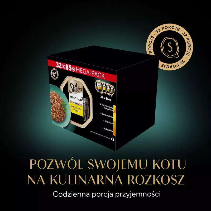 Mitrā kaķu barība Sheba paplātē Mērce Mājputni (vistas gaļa, tītara gaļa) 32 x 85 g paplāte