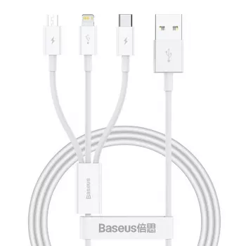 USB kabelis Baseus SUP0003529 — USB 3.2 Gen 1 (3.1 Gen 1), 1 m, USB-A uz USB-C / Micro USB-A / Lightning, balts