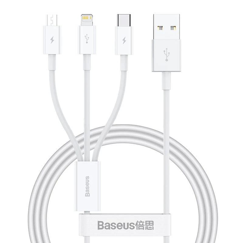 USB kabelis Baseus SUP0003529 — USB 3.2 Gen 1 (3.1 Gen 1), 1 m, USB-A uz USB-C / Micro USB-A / Lightning, balts