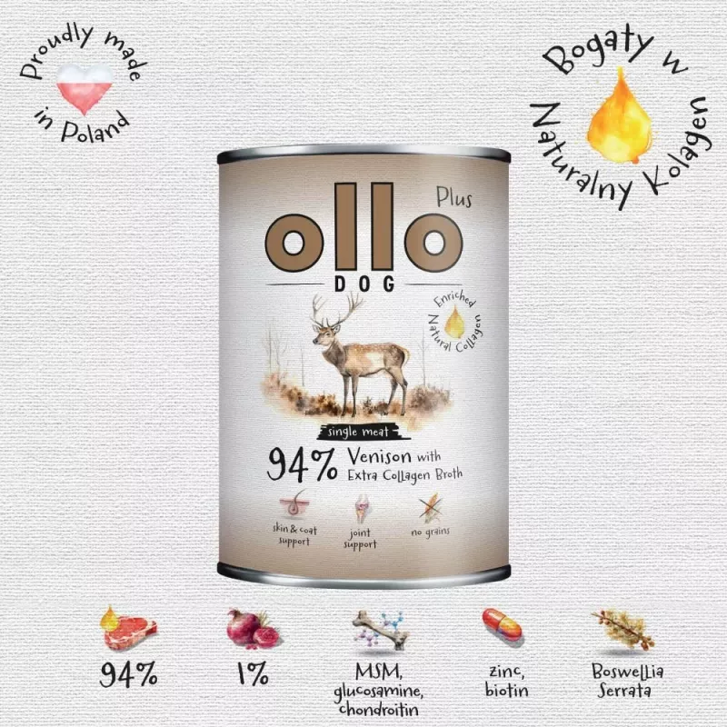 Ollo Plus Kolagen Venison 400g suņu barības kārba