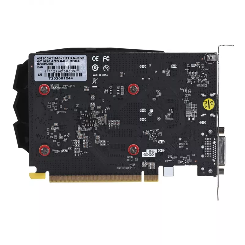 Grafikas karte BIOSTAR GeForce GT 1030 — 4 GB GDDR4, 64 bitu, PCIe x16 4.0, aktīvā dzesēšana, DVI-D + HDMI