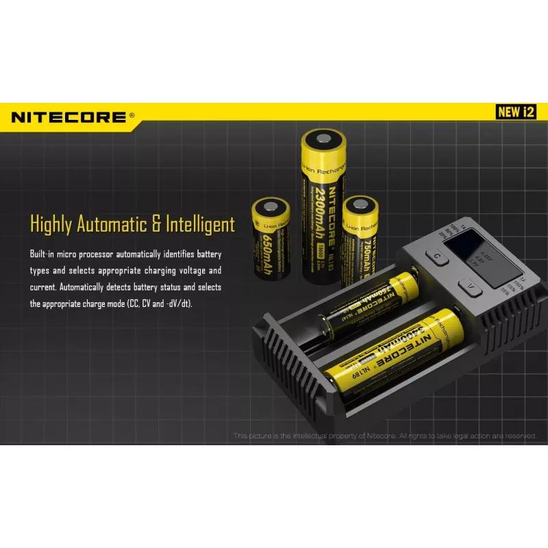 Bateriju lādētājs Nitecore NEW i2 — 2 vietu lādētājs LiFePO4, Li-Ion, NiMH baterijām; ieeja 100–240V; izeja 9–12V; piemērots AAAA/C/D/AAA/AA; melns