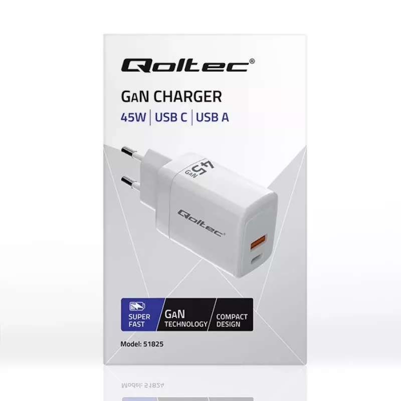 GaN 45W lādētājs 5V 20V 1.5A 3A, 1xUSB C PD, 1xUSB A