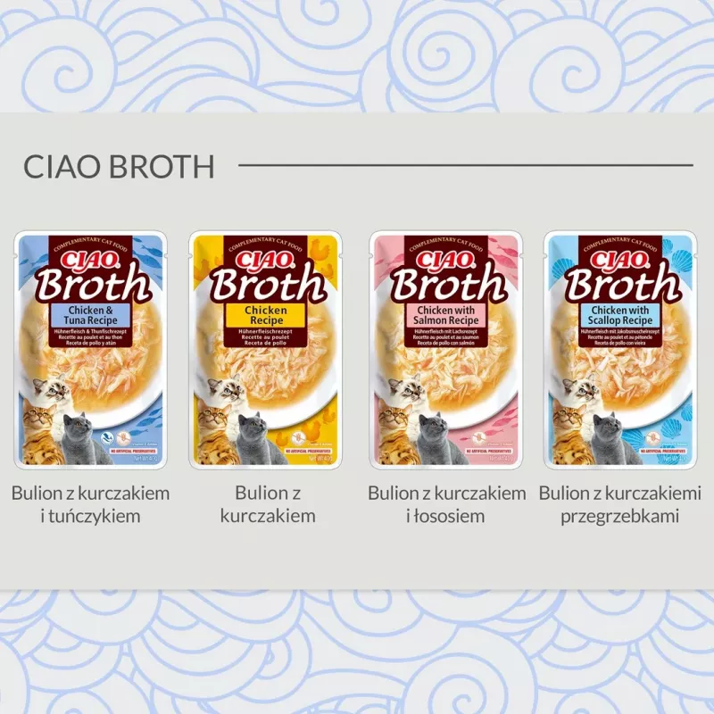 Mitrā kaķu našķa INABA Ciao Broth Chicken & Scallop 40 g paciņa, šķidrs gaļīgs maisiņš, 88% mitrums, 9,4% olbaltumvielas
