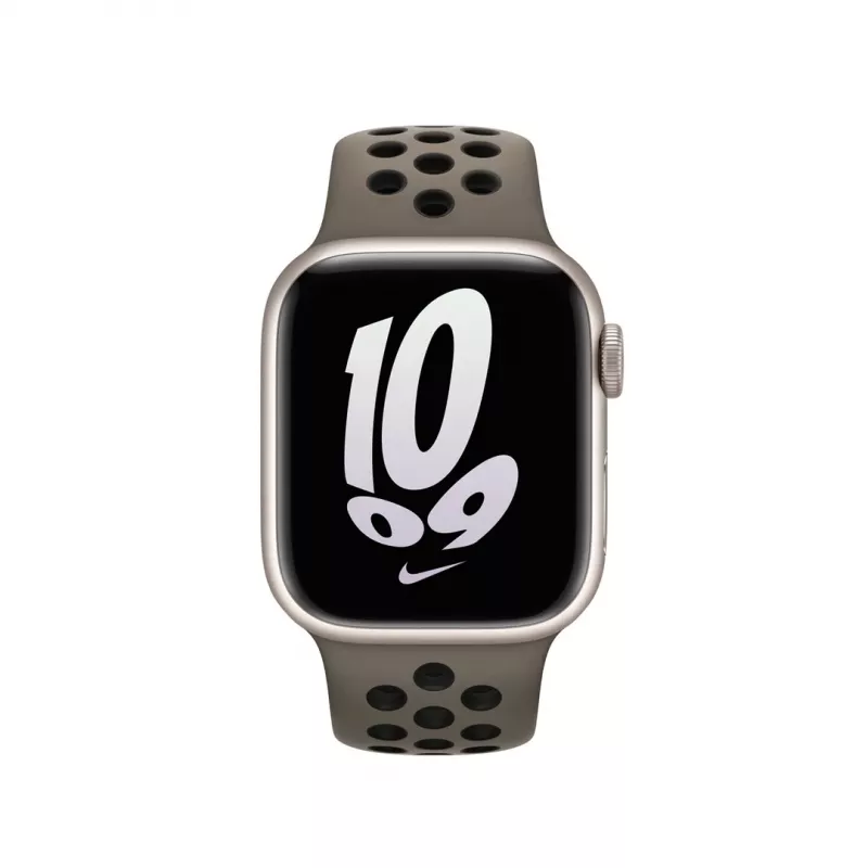 Siksniņa Apple viedpulkstenim, 41 mm, olīvpelēka/melna Nike Sport siksniņa, fluorelastomērs, plaukstas locītavai 130–200 mm
