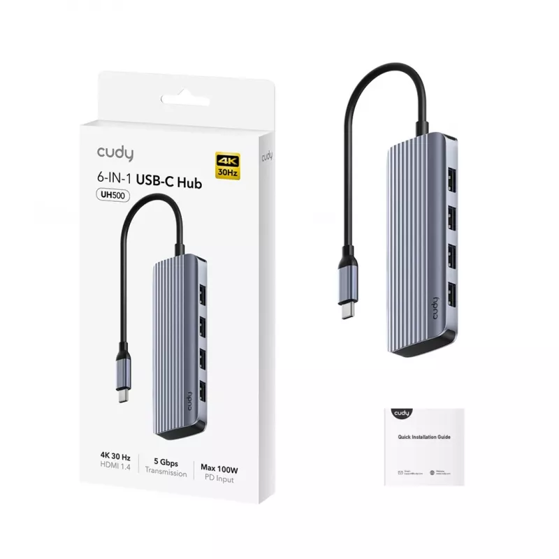 USB-C centrmezgls Cudy UH500 — USB 3.2 Gen 1 Type-C resursdators, 6 porti ar USB 3.2 Gen 1 Type-A un HDMI, 5000 Mbit/s, pelēks/sudrabains