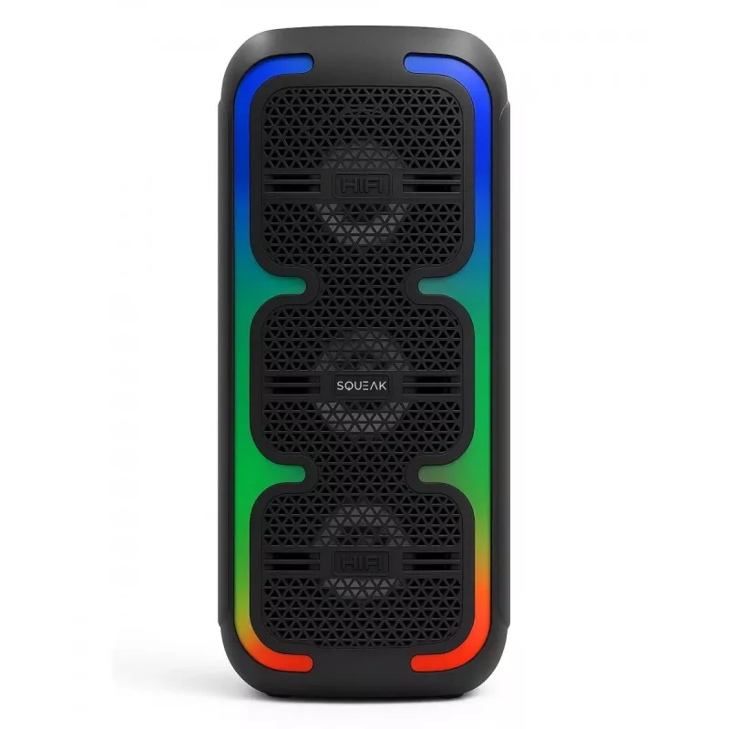 Pārnēsājams stereo skaļrunis SQUEAK SQ1009 — Bluetooth 5.3, 45 W RMS, 10 stundu akumulators, FM, USB, AUX, LED, 1800 mAh, melns