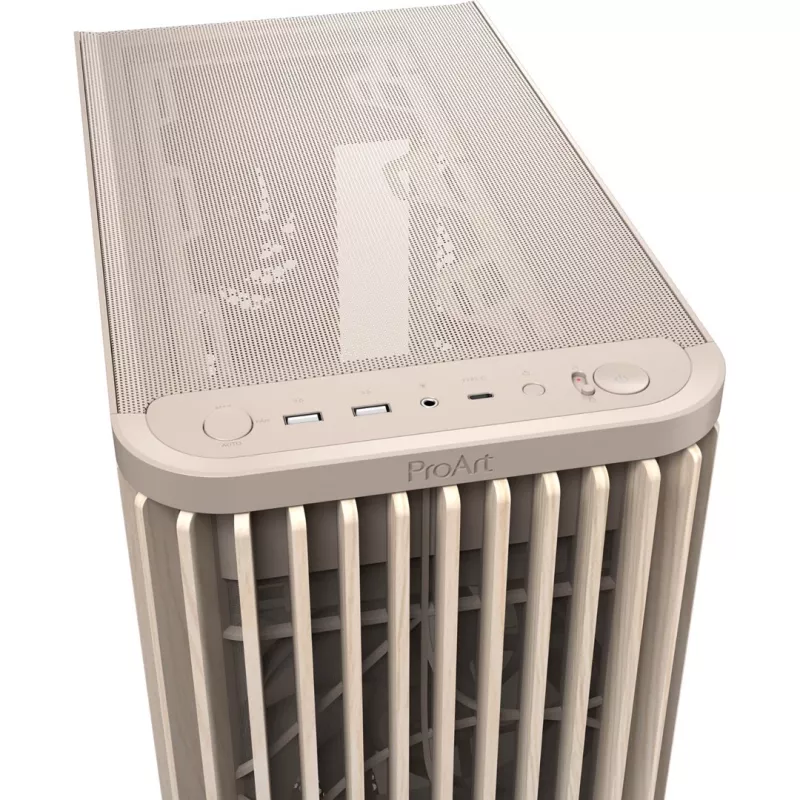 Datora korpuss ASUS PROART PA401 WOOD TG PWM BEIGE — ATX, 503×225×412 mm, 2×3,5 collas/2×2,5 collas, GPU līdz 315 mm