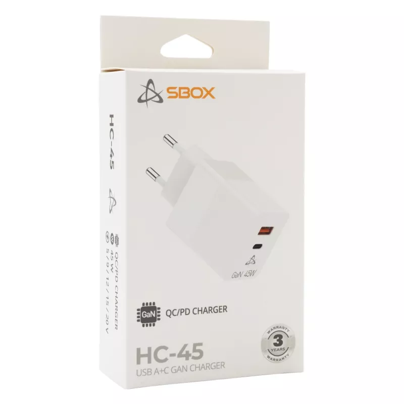SBOX mājas lādētājs HC-45 45W GaN divu ieeju sienas lādētājs