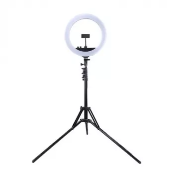 LED gredzena gaisma 34,5 cm ar statīvu līdz 1,85 m, spoguli un tālruņa turētāju, USB