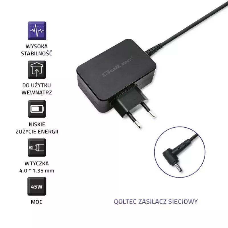 Strāvas adapteris QOLTEC 45W 19V pārnēsājamām ierīcēm — rezerves adapteris 45 W 19 V