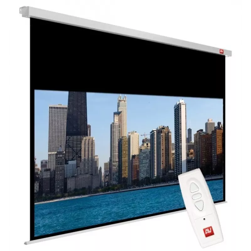 Projekcijas ekrāns AVTEK Video Electric 240 4:3 — skatāmais laukums 235×176,2 cm, kopējie izmēri 240×200 cm, elektrisks ar tālvadību, griestu/sienas stiprinājums