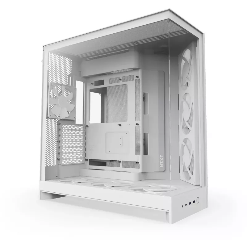 PC Midi Tower korpuss NZXT H9 Flow RGB+ — Balts, atbalsta ATX/EATX/Micro-ITX, rūdīts stikls, 3x140mm priekšējie + 1x120mm aizmugurējais ventilatori