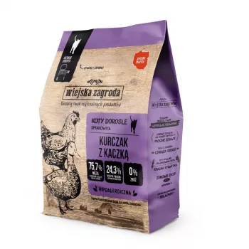 Sausā kaķu barība wiejskazagroda ar vistu un pīli, 400 g — pieaugušiem kaķiem, mājputnu recepte, olbaltumvielas 44%, tauki 17%