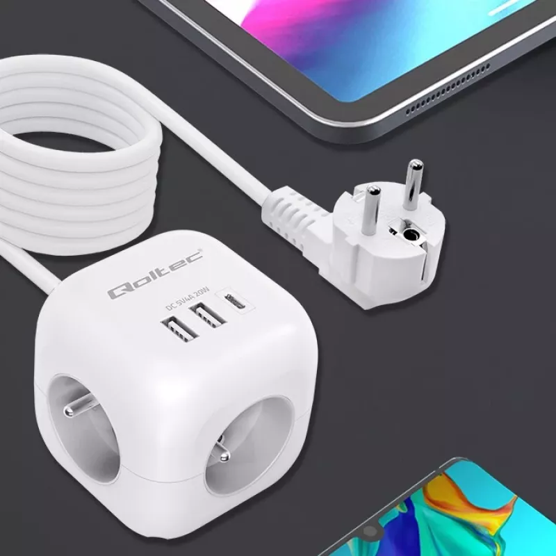 Power Cube QOLTEC 52547 strāvas sadalītājs 3× maiņstrāvas kontaktligzdas, 2× USB-A, 1× USB-C PD 20W
