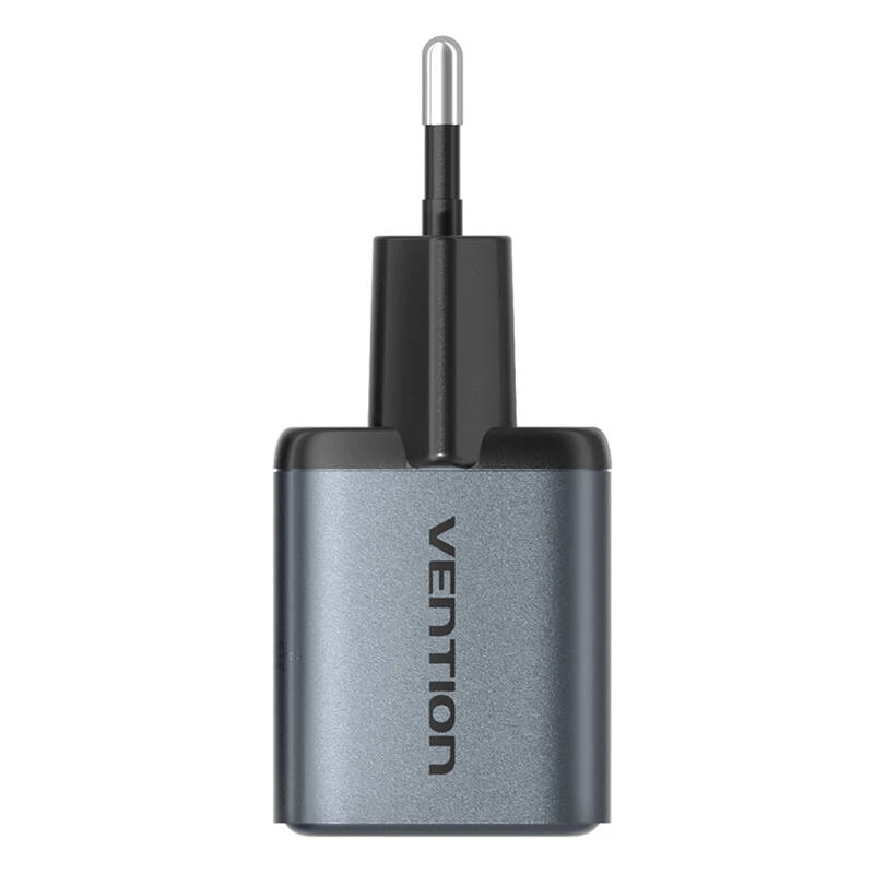 Vention FEWH0-EU 30W GaN lādētājs — 1× USB-C, 1× USB-A, 30 W, melns