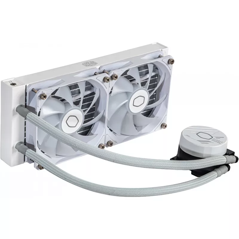 Šķidruma dzesēšanas komplekts Cooler Master MasterLiquid 240L Core ARGB balta — 240 mm radiators, 120 mm ventilatori, atbalsta LGA1700/AM5/AM4 un vecākas ligzdas