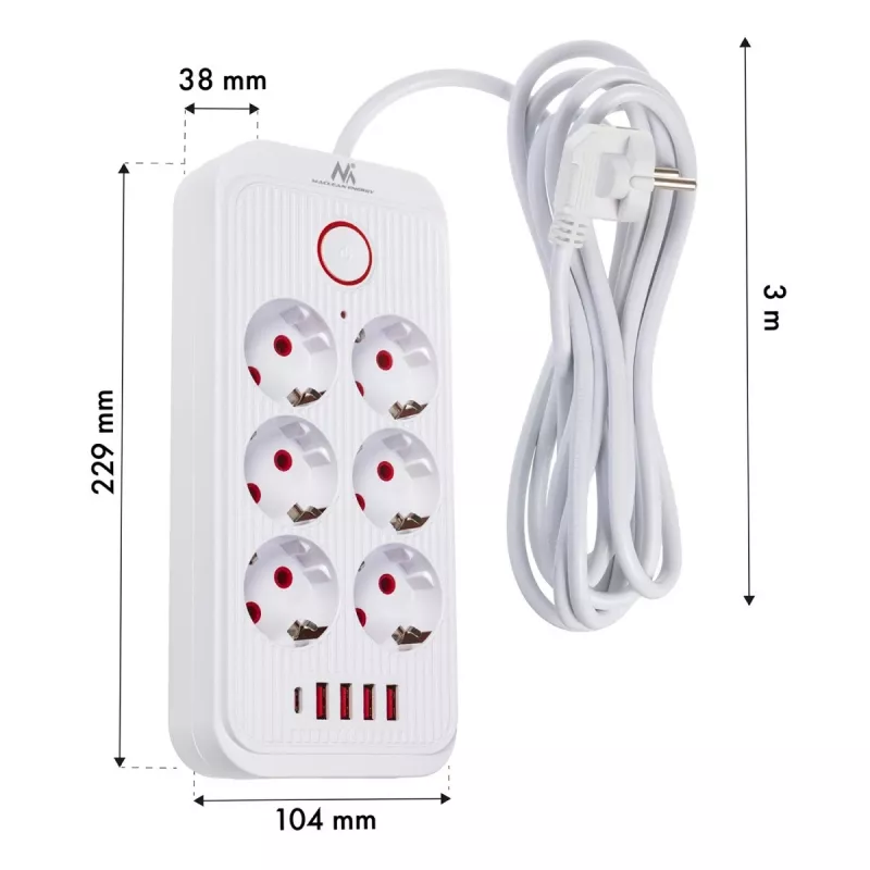 Kontaktligzdas MACLEAN MCE391 W — 6 ligzdas, 4×USB-A + 1×USB-C, 3 m kabelis, 110–240V, 2500W, balta