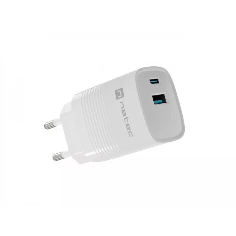 Vadu mobilo ierīču lādētājs NATEC NUC-2140, 30W, USB-C PD 3.0 + USB-A, Samsung AFC, Balts