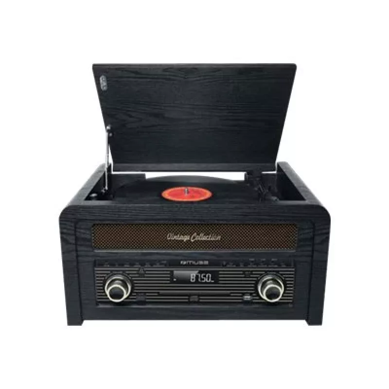 Skaņuplašu atskaņotājs muse MT-115 W — melns/zelts, 33-45-78 RPM, J formas skaņuplašu svira, rotējoša skaļuma poga, 240 V maiņstrāva