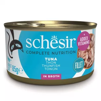 Slapjā kaķu barība Agras Pet Foods Schesir vārīšanas ūdenī — tuncis 85 g, pieaugušiem kaķiem, 13% olbaltumvielu, 2,5% tauku