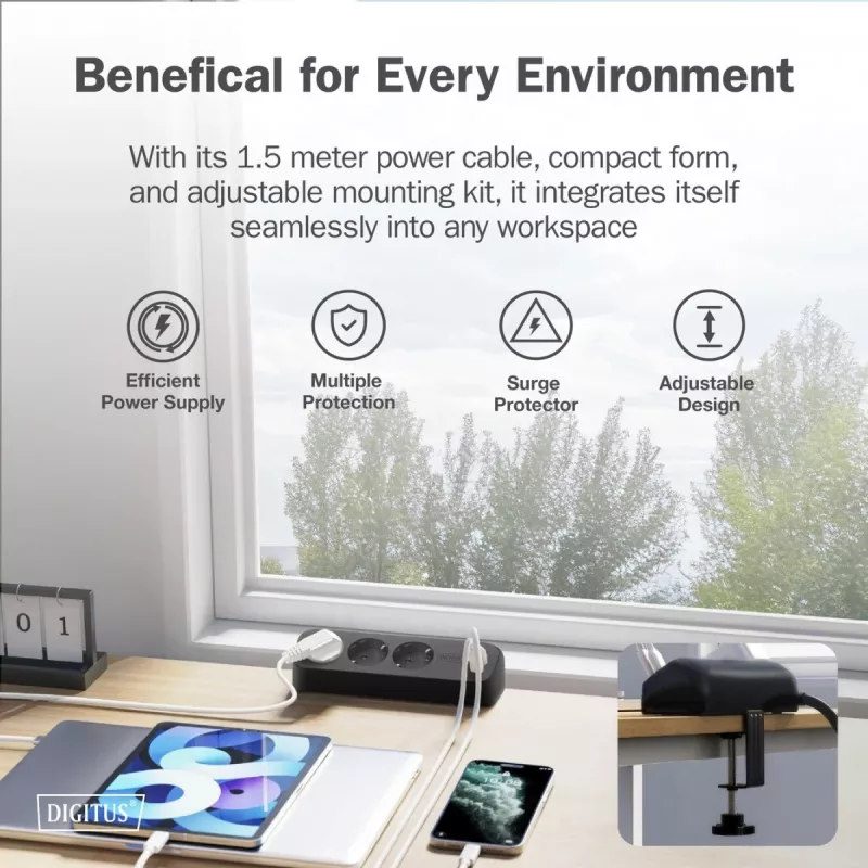 Strāvas sadalītājs DIGITUS 3-vietīgs ar 2×USB-A & 1×USB-C, 3 maiņstrāvas kontaktligzdām Tips E/F, 1,5 m kabelis, melns