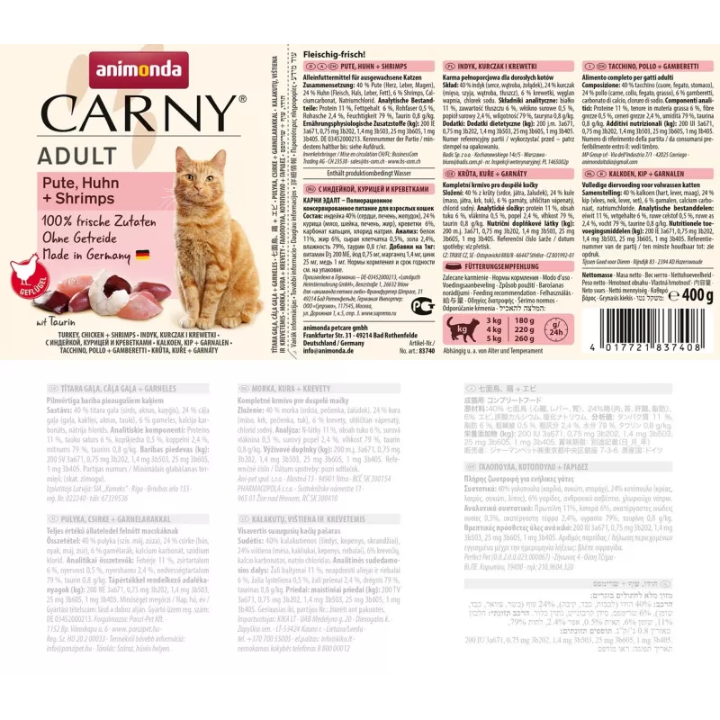 ANIMONDA Carny Adult Turkey, chicken and shrimp - mitrā kaķu barība - 400g