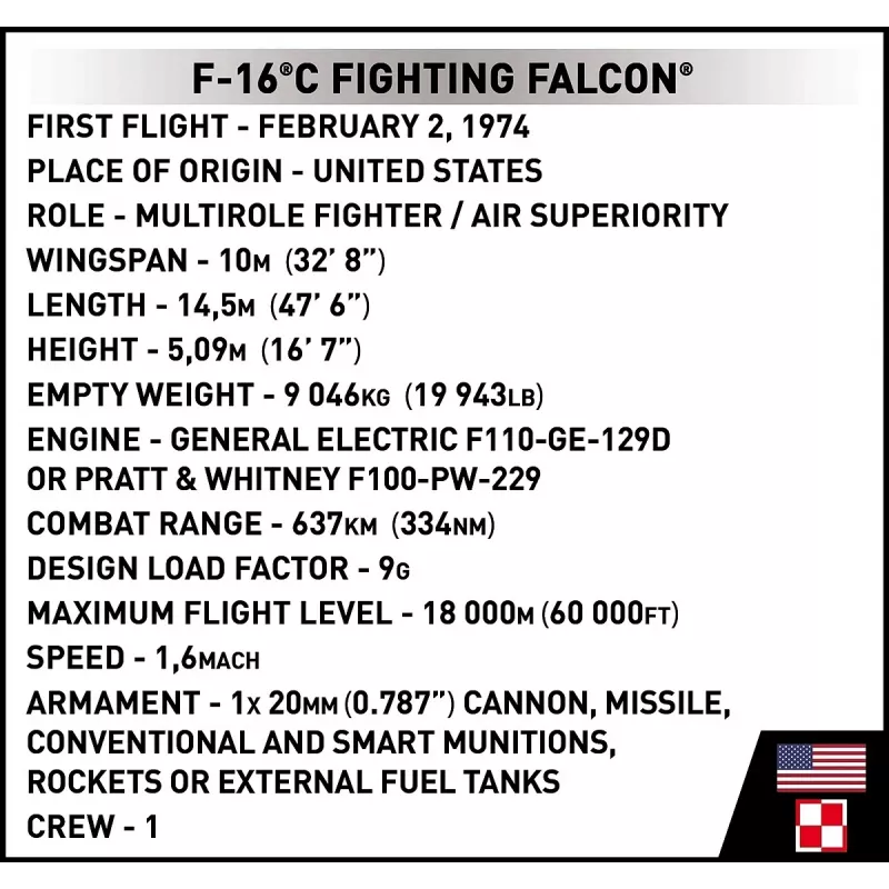 Konstruktoru komplekts Cobi F-16C Fighting Falcon — 463 detaļas, mēroga modeļa būvēšanas komplekts