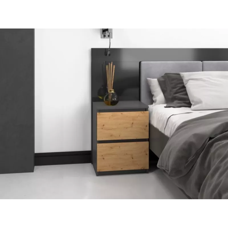Topeshop W2 ANTRACYT/ARTISAN nightstand/Naktsskapītis 2 atvilktne(s) antracīts, ozols