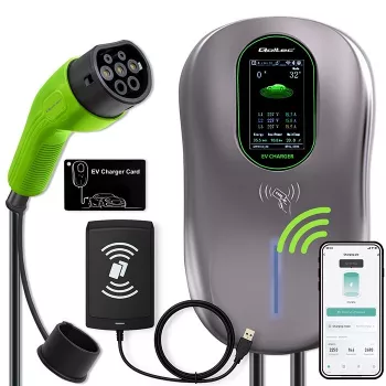 Wallbox QOLTEC EV uzlādes stacija Type 2 22 kW LCD 2 RFID kartes 3 fāžu 5 m kabelis viesnīcu sistēma