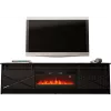 TV skapītis ar kamīnu Cama Meble GRANERO modelis — 200 x 56,7 x 35 cm, melns/melns spīdums, 2 durvis, 2 plaukti, bīdāmās durvis, MDF/skaidu plātne