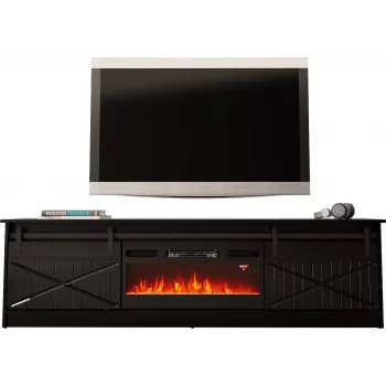 TV skapītis ar kamīnu Cama Meble GRANERO modelis — 200 x 56,7 x 35 cm, melns/melns spīdums, 2 durvis, 2 plaukti, bīdāmās durvis, MDF/skaidu plātne