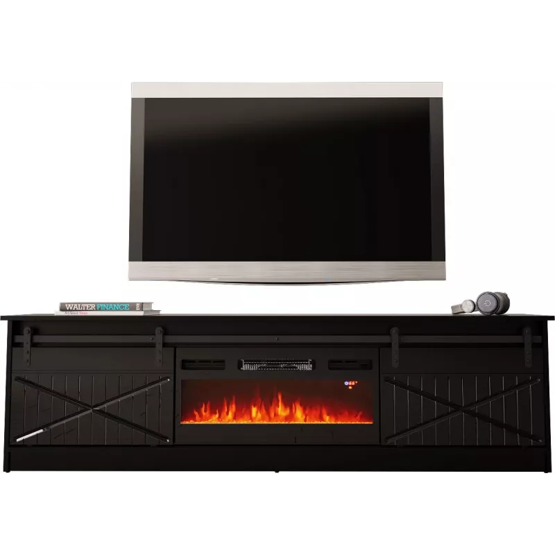 TV skapītis ar kamīnu Cama Meble GRANERO modelis — 200 x 56,7 x 35 cm, melns/melns spīdums, 2 durvis, 2 plaukti, bīdāmās durvis, MDF/skaidu plātne