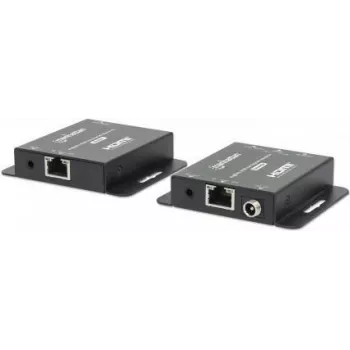 Manhattan 4K HDMI pa Ethernet pagarinātāja komplekts, pagarina 4K@30Hz signālu līdz 40 m vai 1080p@60Hz signālu līdz 70 m ar vienu Cat6 Ethernet kabeli, raidītājs un uztvērējs, strāvas padeve pa kabeli (PoC), melns, trīs gadu garantija