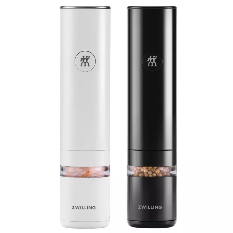 Sāls un piparu dzirnaviņu komplekts ZWILLING Enfinigy elektriskās, keramikas slīpmašīnas, balta un melna, baterijas darbināmas, regulējama malšana