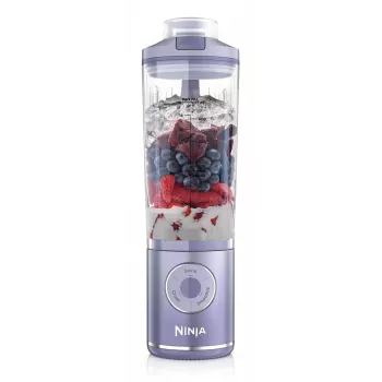 Pārnēsājamais blenderis Ninja BC251EULD — 0,57 L bļoda, baterija 11,1 V, nerūsējošā tērauda asmeņi, lavandas/caurspīdīgs