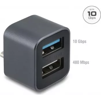 DELOCK Mini USB centrmezgls USB Type-C spraudnis uz 1x USB 10 Gbps Type-A un 1x USB 2.0 Type-A (modelis 64359)