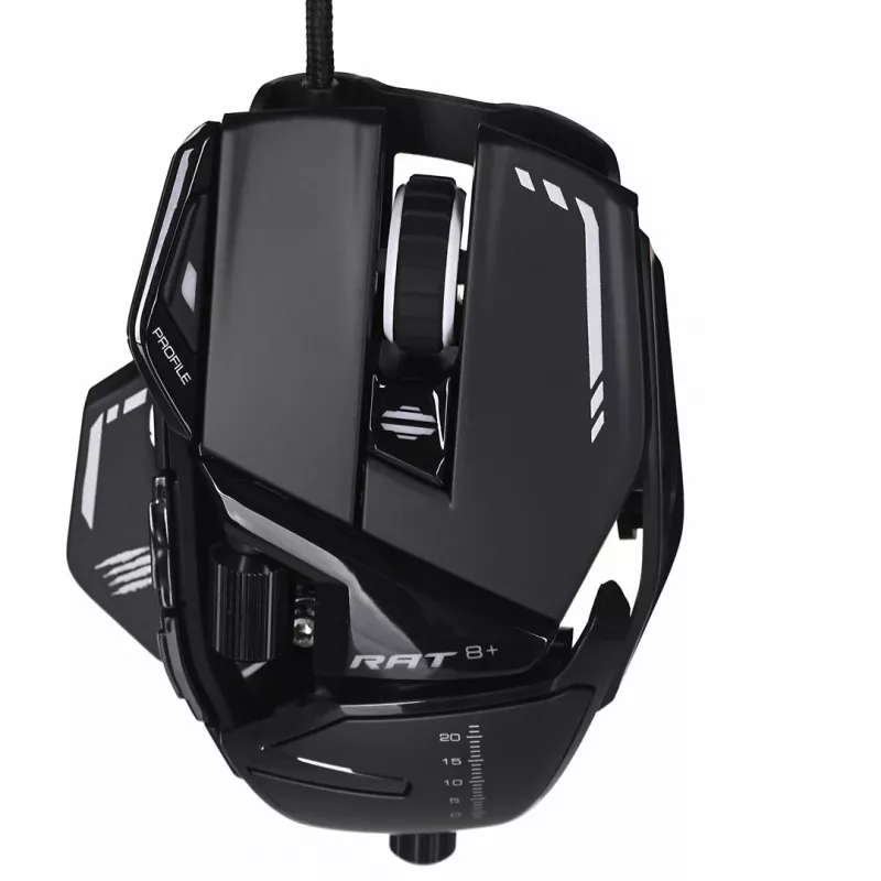 Spēļu pele Mad Catz R.A.T. 8+ — labā roka, optiskā, 16000 DPI, 11 pogas, USB Type-A, 145 g