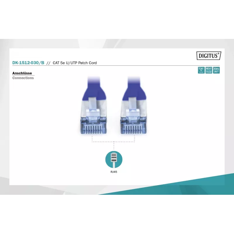 Savienojuma vads U/UTP cat.5e PVC 3m zils