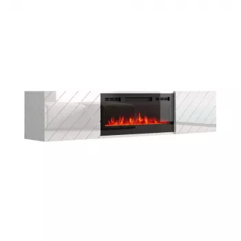 TV skapītis cama meble LUXE 1826×345×375 mm balts spīdīgs ar iebūvētu melnu elektrisko kamīnu (1400–1600 W)